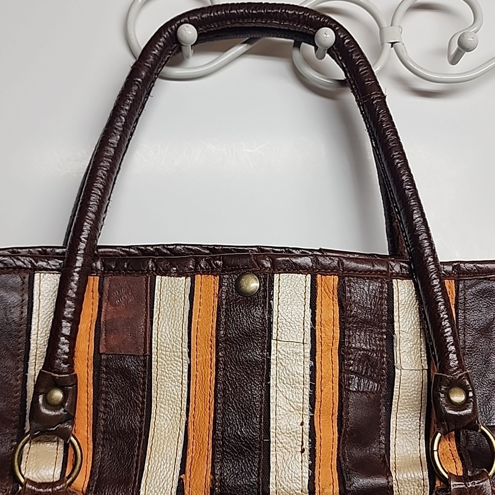 De. De Vintage Striped Brown and Orange Leather Women's XL Tote Bag - Picture 15 of 15